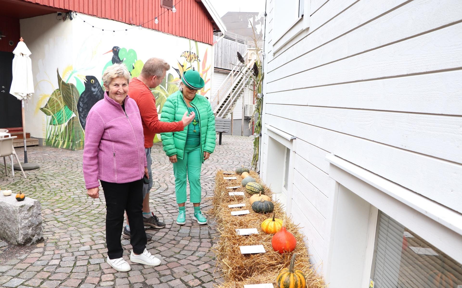 Gudrun Andersson tittar på de olika pumpasorterna. Mikael Jonsson visar Helena Höjner de olika matpumporna.