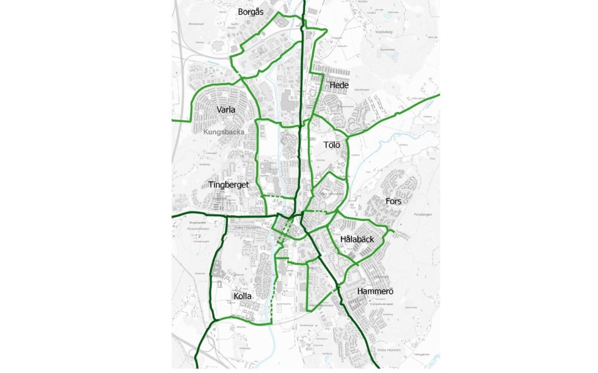 Karta över huvudcykelvägnätet (grönt) och kommundelsstråken (mörkgrönt) i Kungsbacka. Punktstreckade linjer avser sträcka i blandtrafik. Kommundelsstråken som kopplar samman kommunens orter med centrum, är viktiga pendlingsstråk som har hög prioritet. 
